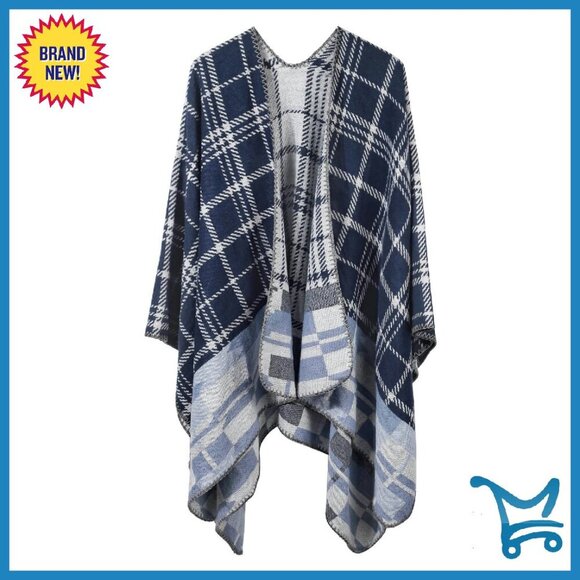 Warm Reversible Faux Wool Shawl Wrap Poncho Cape Blanket Scarf